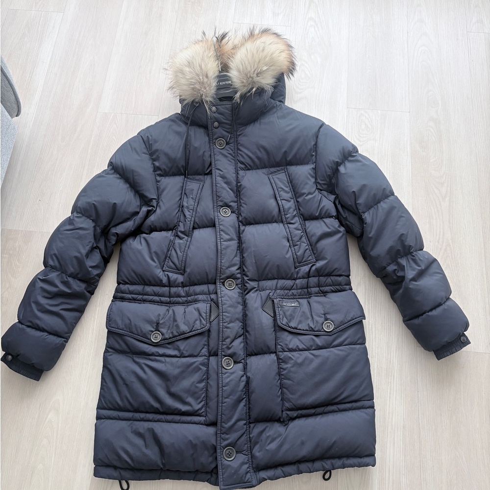 Burberry Men’s Long Navy Puffer Coat with Raccoon Fur Hood Size Large